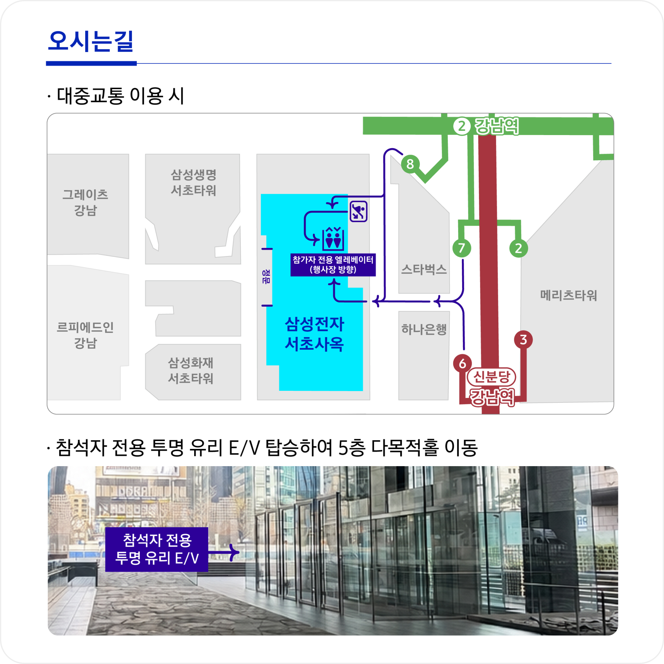 삼성전자 서초사옥 오시는길 안내. 대중교통 이용 시 지하철 2호선 강남역 또는 신분당선 강남역에서 하차해 서초사옥으로 이동하는 약도. 강남역 8번 출구, 신분당선 6·7번 출구 등 경로 표시. 사옥 내 참가자 전용 엘레베이터(행사장 방향) 위치 안내. 하단 사진은 참석자 전용 투명 유리 엘리베이터로, 탑승 후 5층 다목적홀로 이동.
