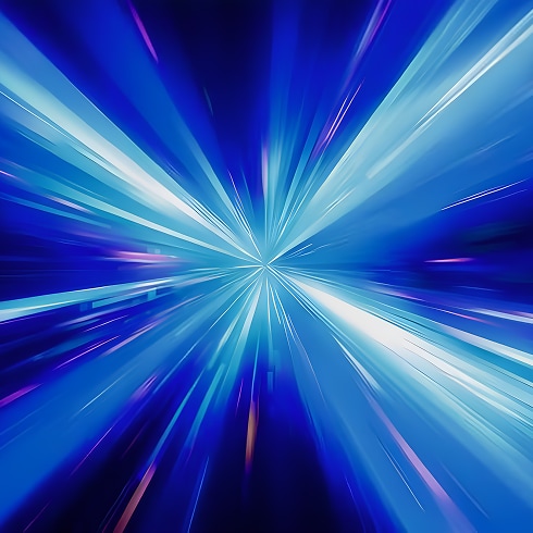 Abstract graphic of glowing blue light streaks radiating outward from a central point, representing ultra-fast data speed and powerful performance.
