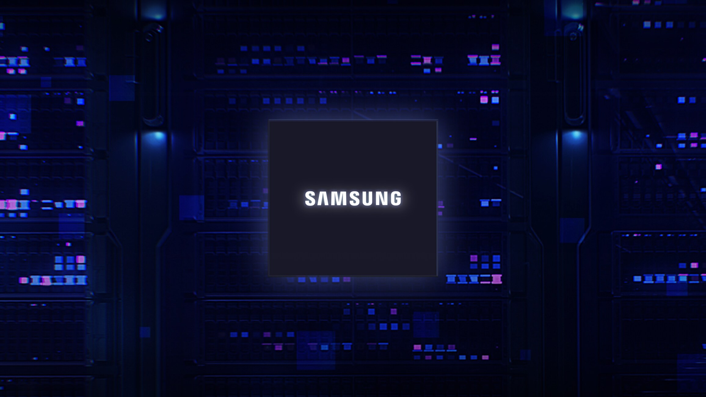 A digital image of a glowing Samsung chip at the center of a futuristic data center, surrounded by illuminated servers with blue and purple lights.