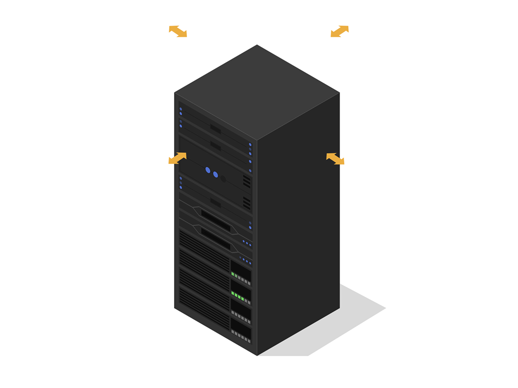 An isometric illustration of a black data server with orange arrows indicating airflow or connectivity, representing scalable data infrastructure.