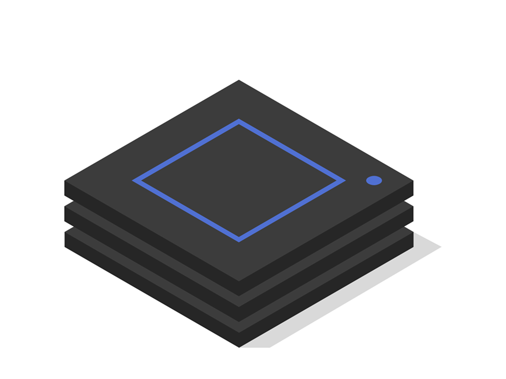 An isometric illustration of a stacked semiconductor chip package, featuring a blue outlined die on the top layer and a minimalist design.