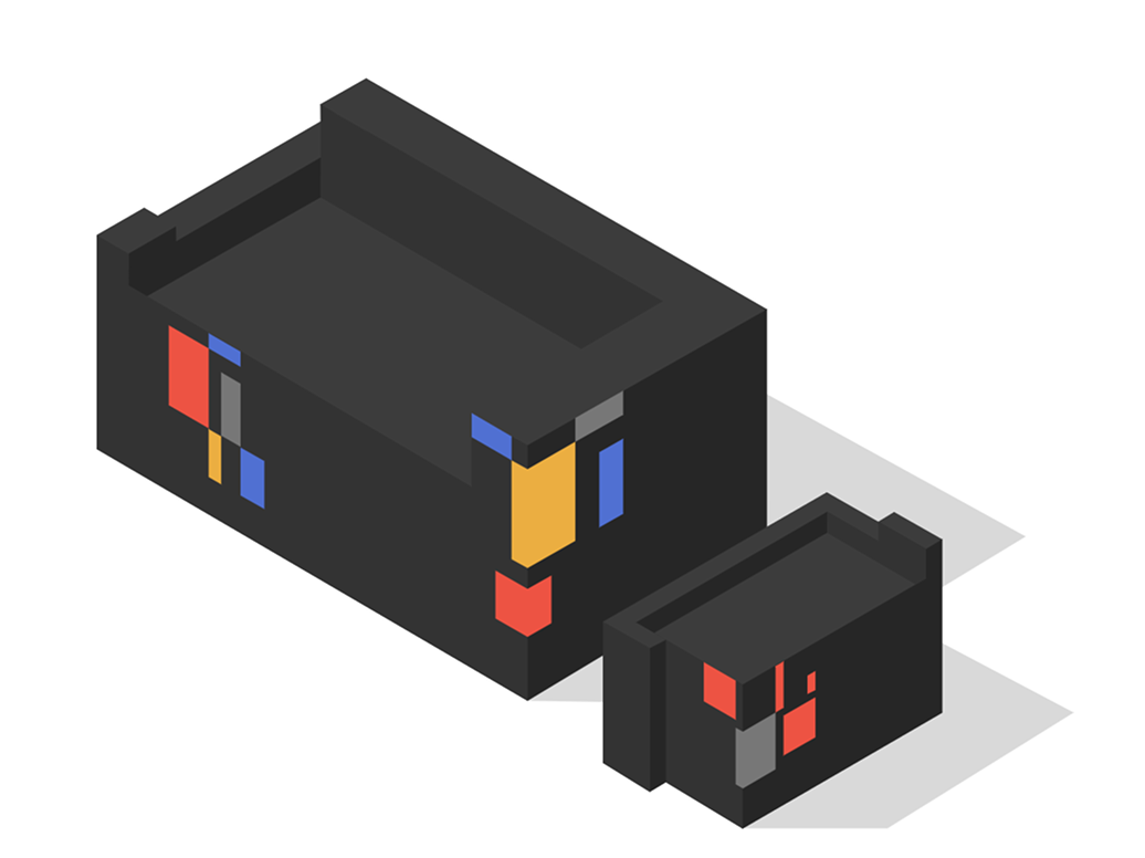 A 3D graphic representation of passive electronic components in different sizes, featuring black casings and red, yellow, and blue color codes.