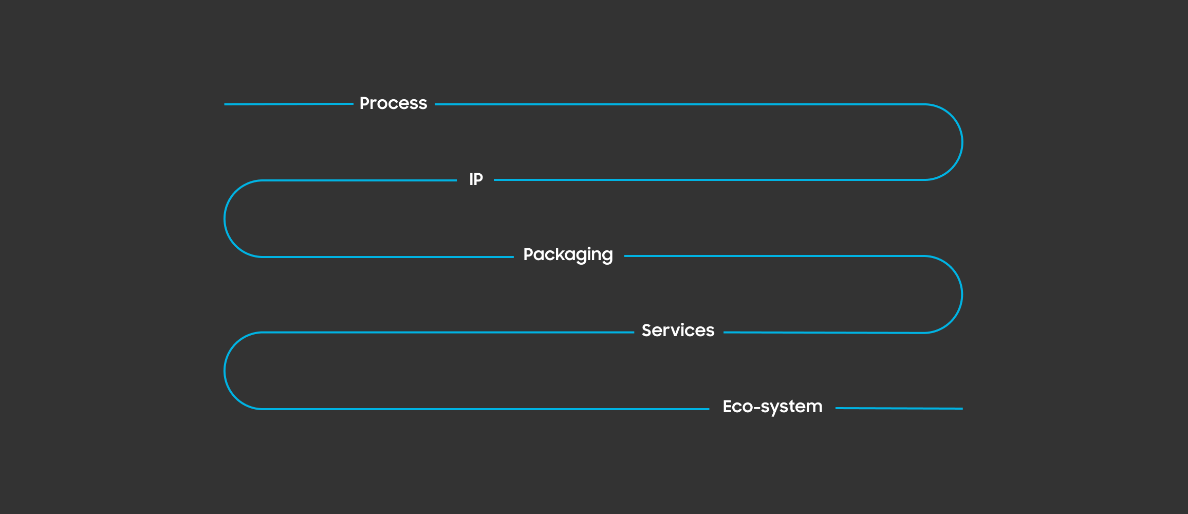 A minimalist flow diagram on a dark background showing interconnected semiconductor development pillars: Process, IP, Packaging, Services, and Eco-system.