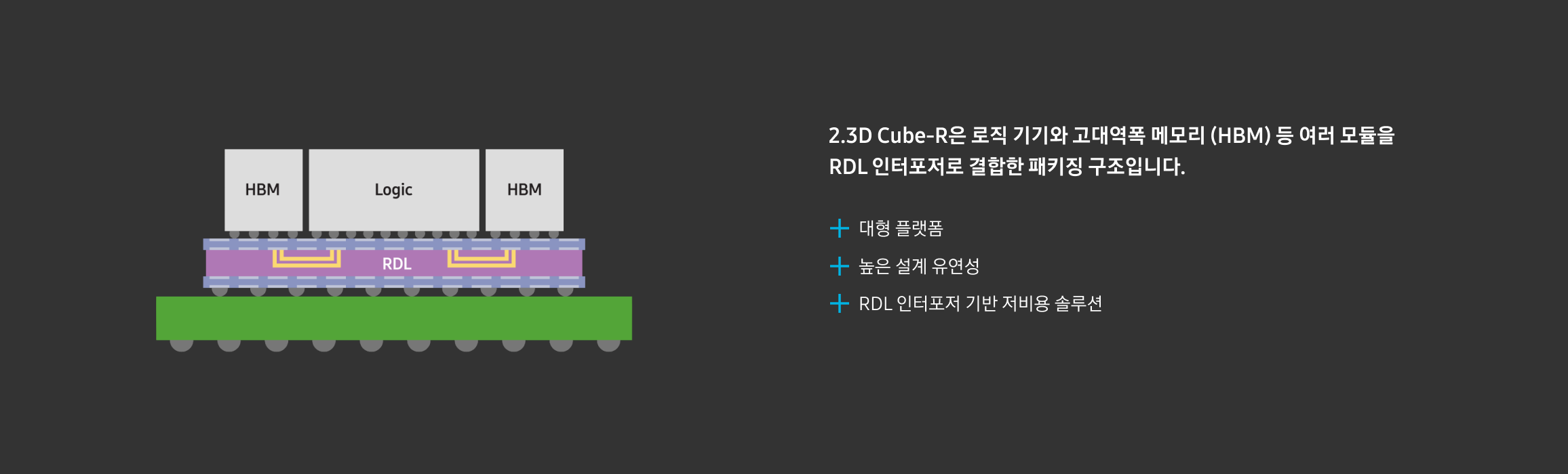 RDL 인터포저(Interposer) 위에 로직 장치와 HBM들을 통합하는 2.5D Cube-R 패키징 기술 구조도. 대형 다이 크기 지원, 유연한 디자인, RDL 기반의 비용 절감 등 기술적 특징이 함께 기술된 인포그래픽 슬라이드.