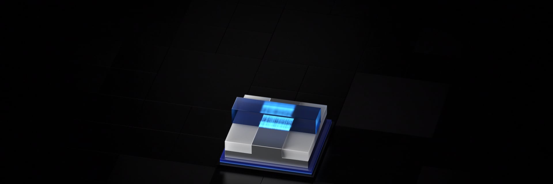 A 3D graphic image of a semiconductor transistor structure in the center of a dark background, showing a blue gate wrapping over a silver silicon channel.