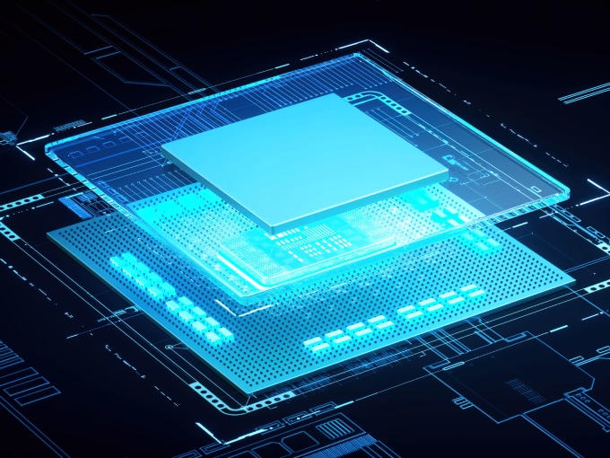 반도체 칩의 구조와 회로가 강조된 푸른 빛의 그래픽 이미지