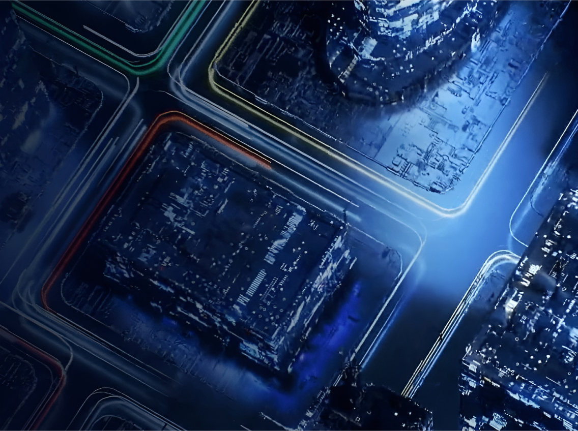 A circuit board design resembling a city, with glowing blue and orange paths and microchip-like structures.