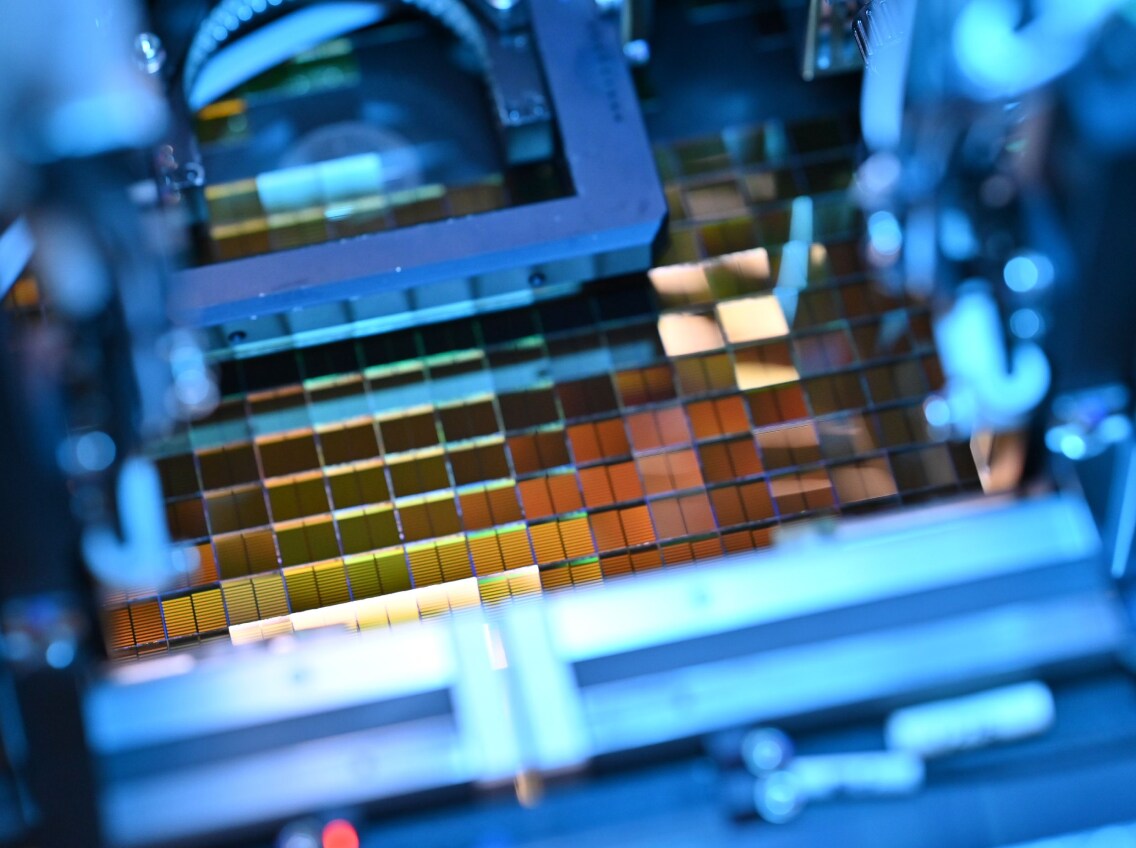 A macro shot of wafer inspection equipment.