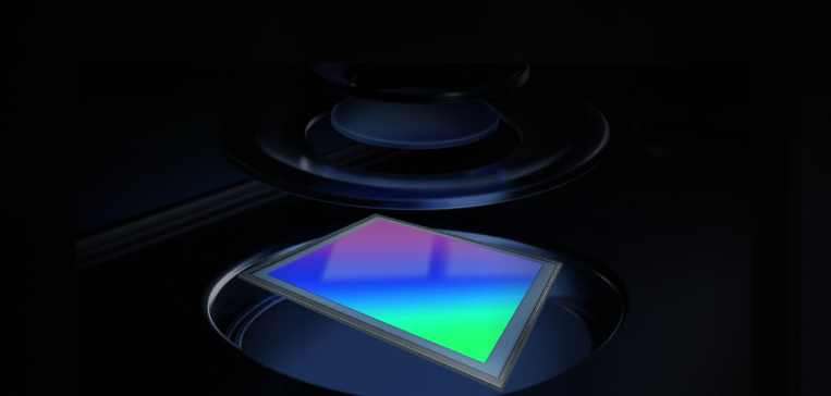 A close-up 3D-rendered image of an ISOCELL sensor embedded inside a smartphone camera