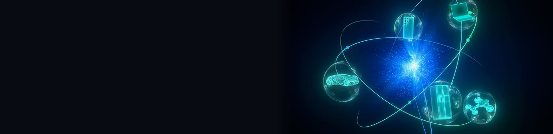 A glowing blue atomic nucleus at the center with orbiting icons representing a car, smartphone, laptop, refrigerator, and robot, symbolizing semiconductor applications.