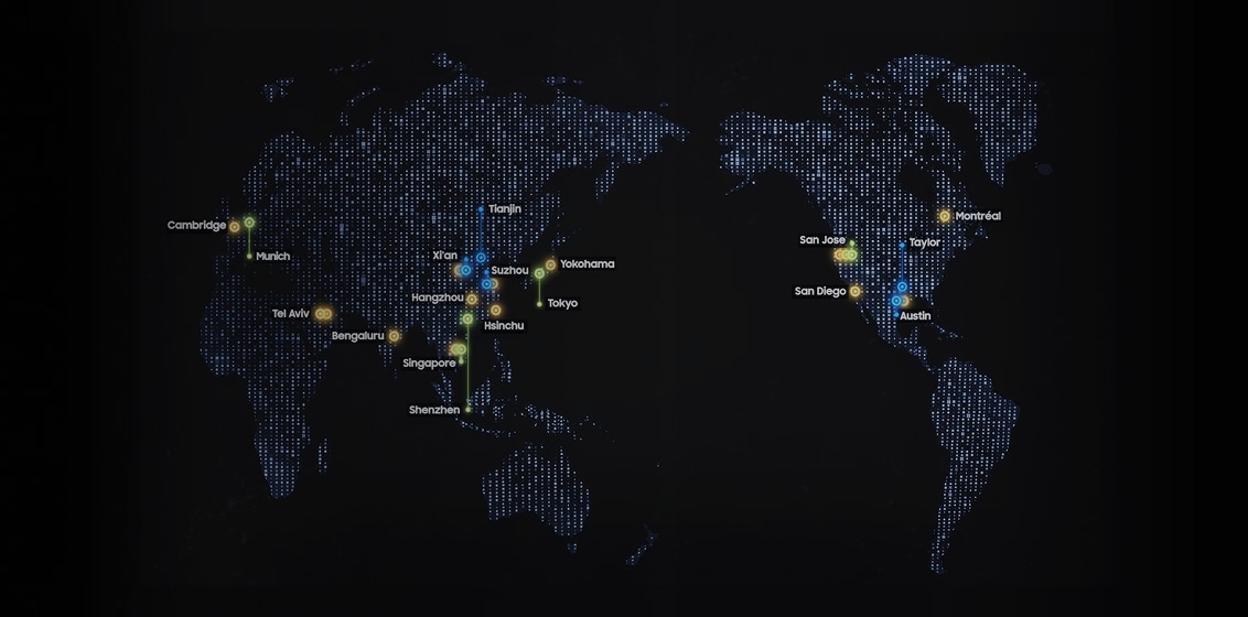A global map highlighting Samsung Semiconductor’s production and research sites with color-coded markers across North America, Europe, and Asia.