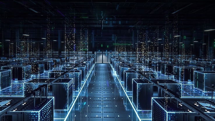 An illustrative image of a person in a server room.