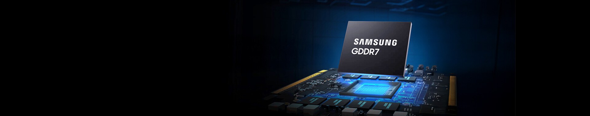 Samsung GDDR7 memory chip mounted on a graphics card, illuminated with blue light to represent high-performance graphics and AI computing