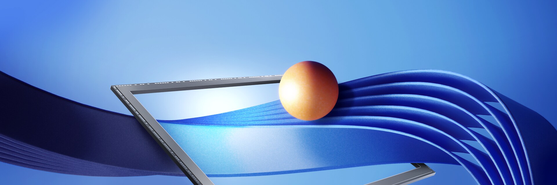 Promotional image for the mobile image sensor ISOCELL GNJ with the text 'Pioneering pixel progress,' featuring a golden sphere and flowing blue waves emerging from a screen.