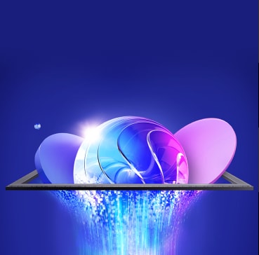 Futuristic 3D digital sphere with glowing purple and blue effects emerging from a screen on a dark blue background