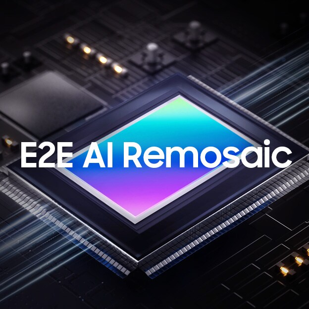 暗くて複雑な回路基板のデザインを背景に、「E2E AI Remosaic」が書かれた光るイメージセンサー。