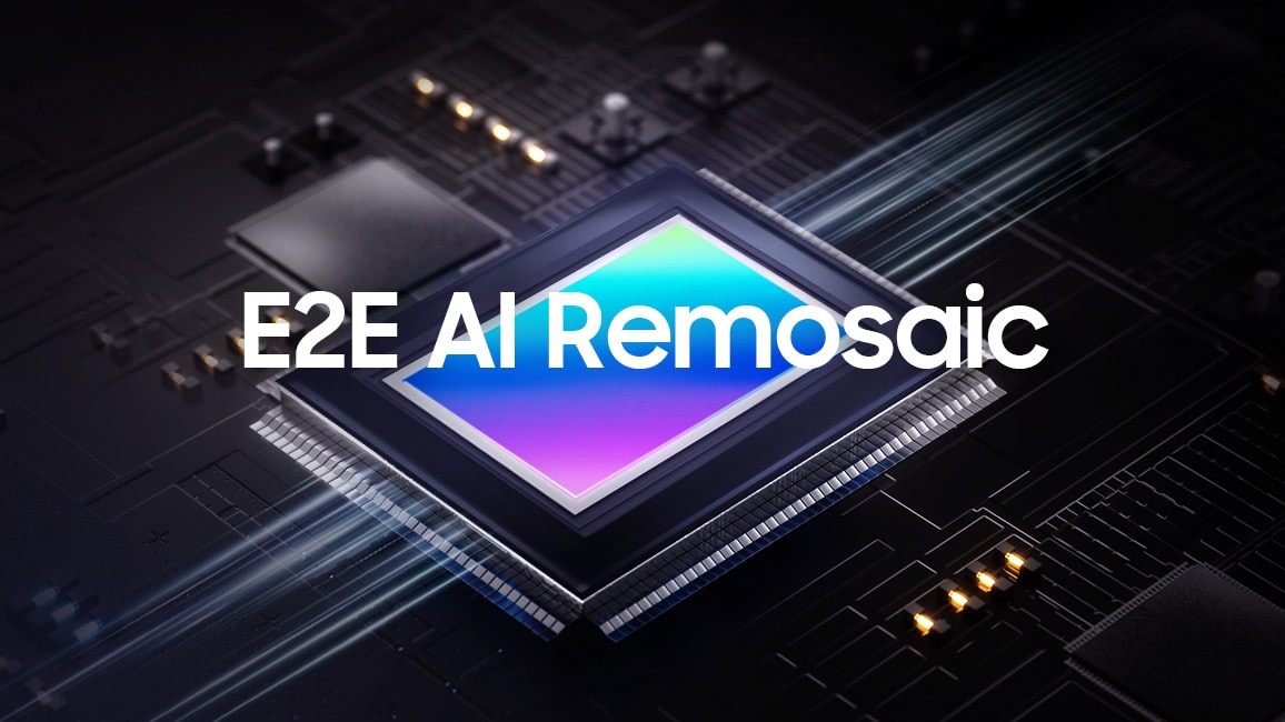 Image of a image sensor labeled 'E2E AI Remosaic', featuring a glowing microchip set against a dark, complex circuit board design.