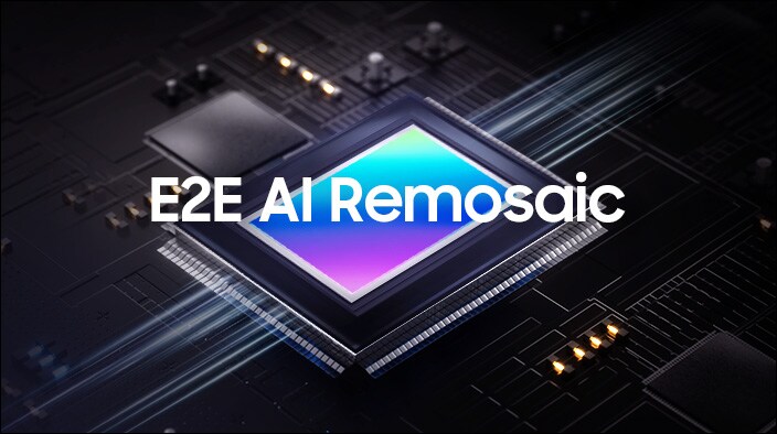 Image of a image sensor labeled 'E2E AI Remosaic', featuring a glowing microchip set against a dark, complex circuit board design.