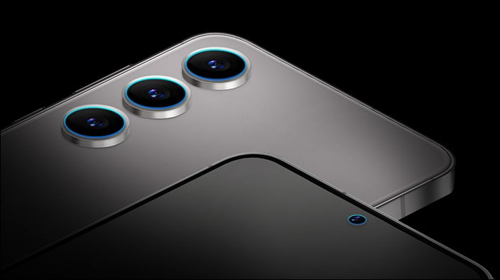 Image showcasing the front and back sides of a smartphone, with the back featuring a triple camera lens and the front with a front camera against a black background.