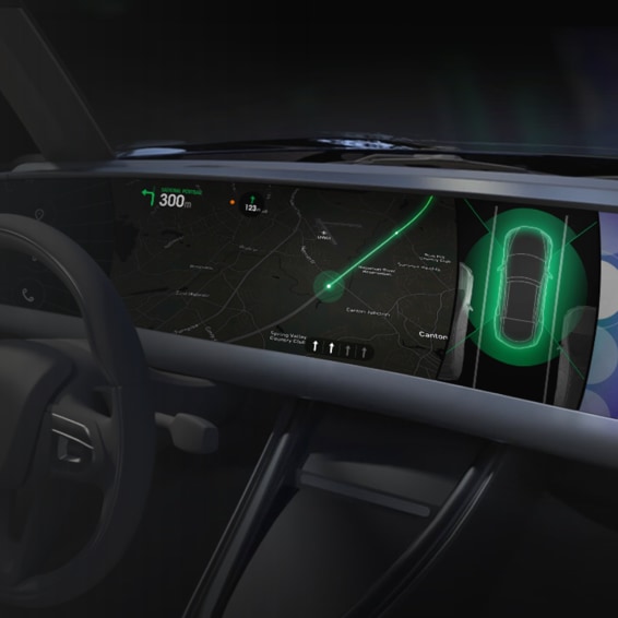 An illustrative image of a In-vehicle infotainment system with a wide display.
