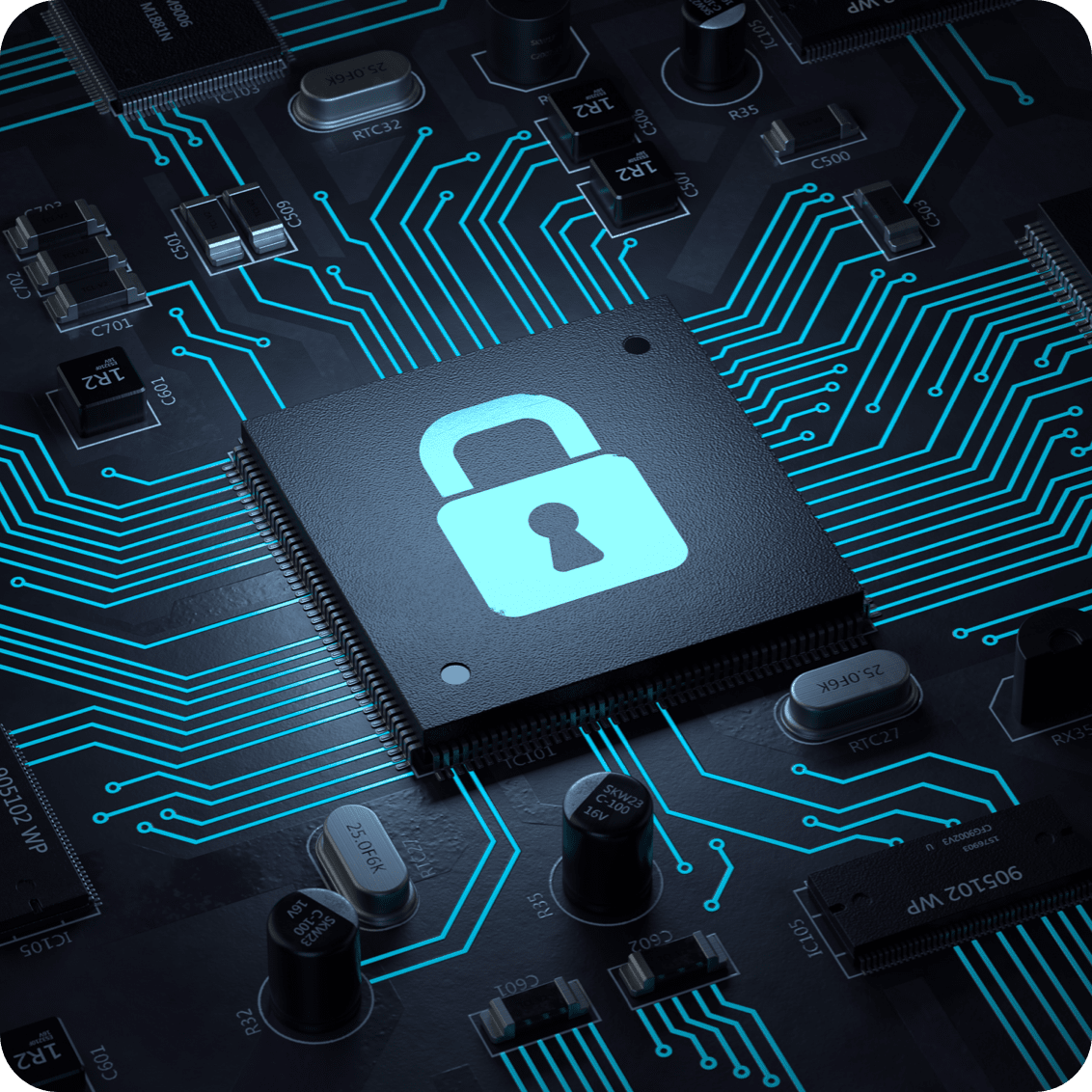 メモリボード上でロックアイコンが具現化し、サムスン電子メモリが搭載されたIoT製品のセキュリティを強調しているイラストイメージ。