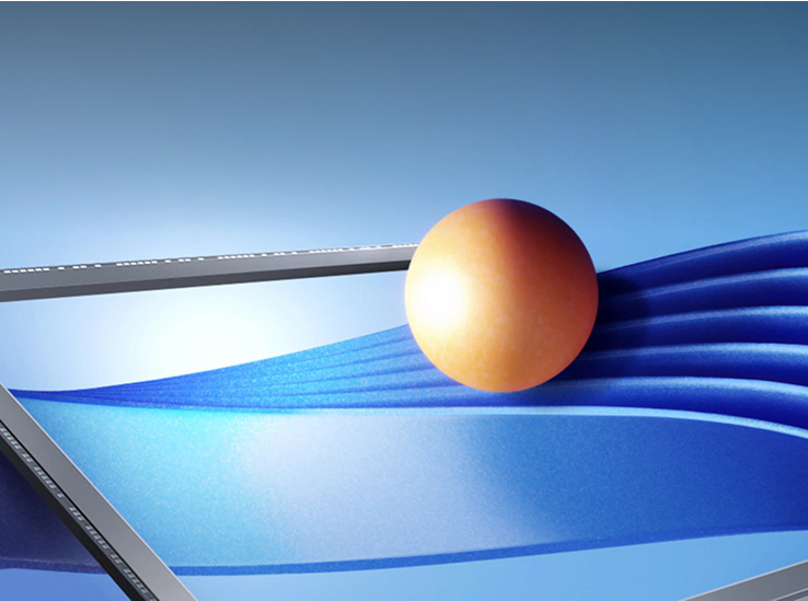 A digital rendering of an image sensor with an orange sphere and flowing blue waveforms.