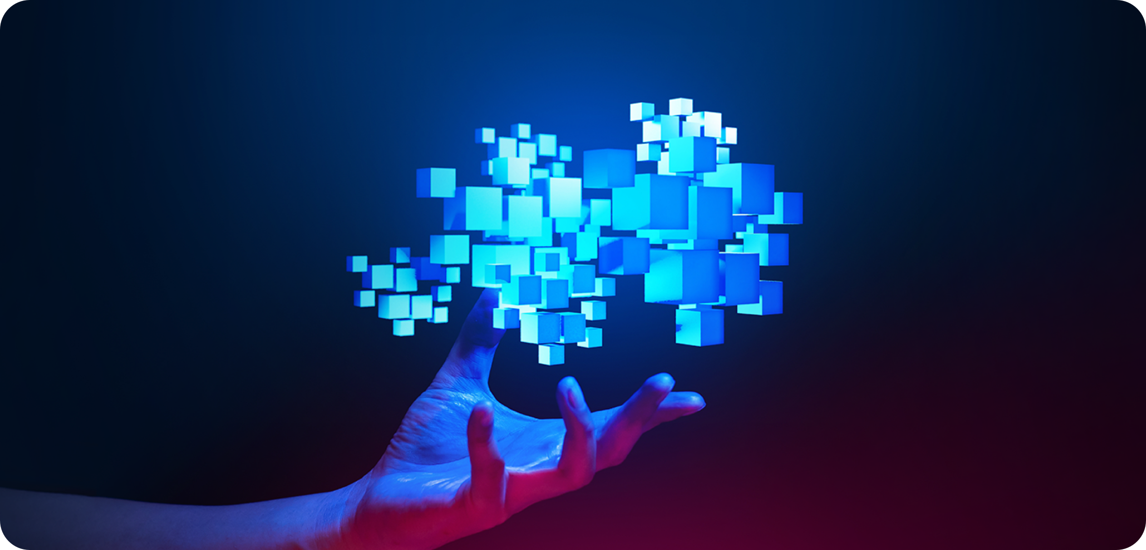 An illustration image of a blue cube-shaped graphic on an outstretched palm.