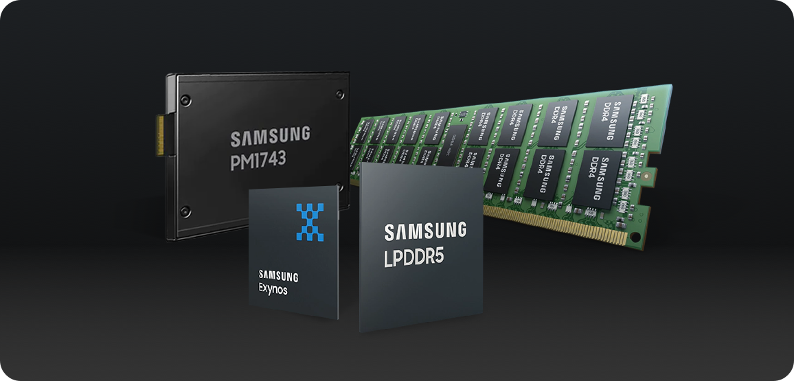 An image of 5G solutions including Exynos processors, enterprise SSDs, LPDDR5 and RDIMM.