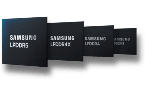 Product images of Samsung LPDDR5, LPDDR4X, LPDDR4, LPDDR3.