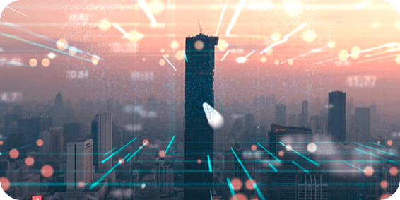 An illustrative image of grid matrix against an image if cityscape.