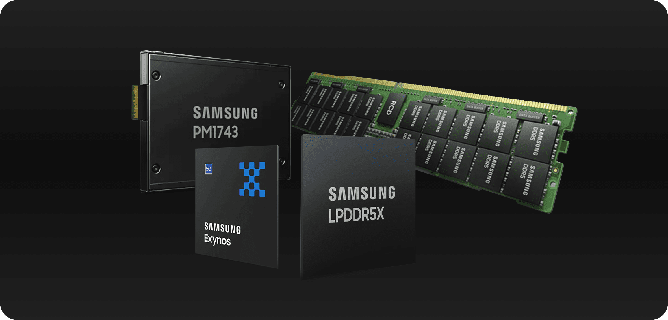 An image of 5G solutions including Exynos processor, enterprise SSD, LPDDR5X and DDR5.