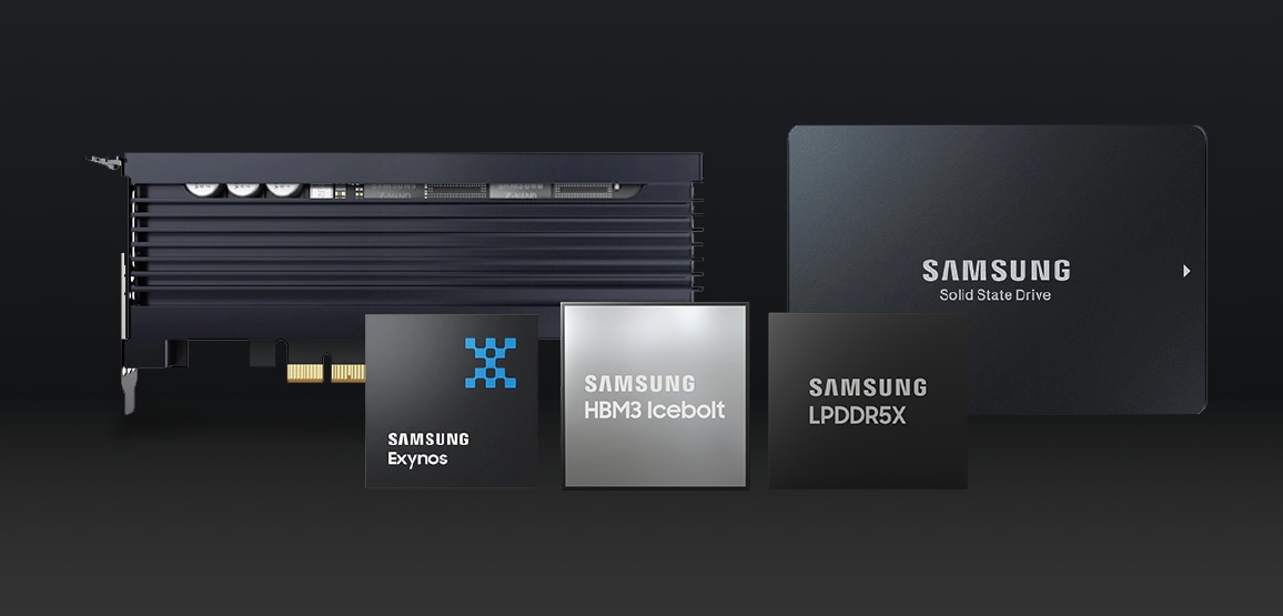An image of AI solutions including  Exynos mobile processor, LPDDR5, HBM2E, Z-SSD and AutoSSD.