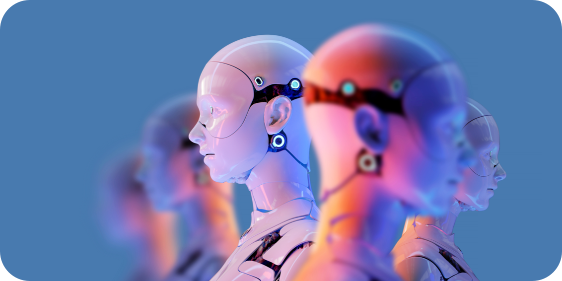 A group of robots standing in rows.