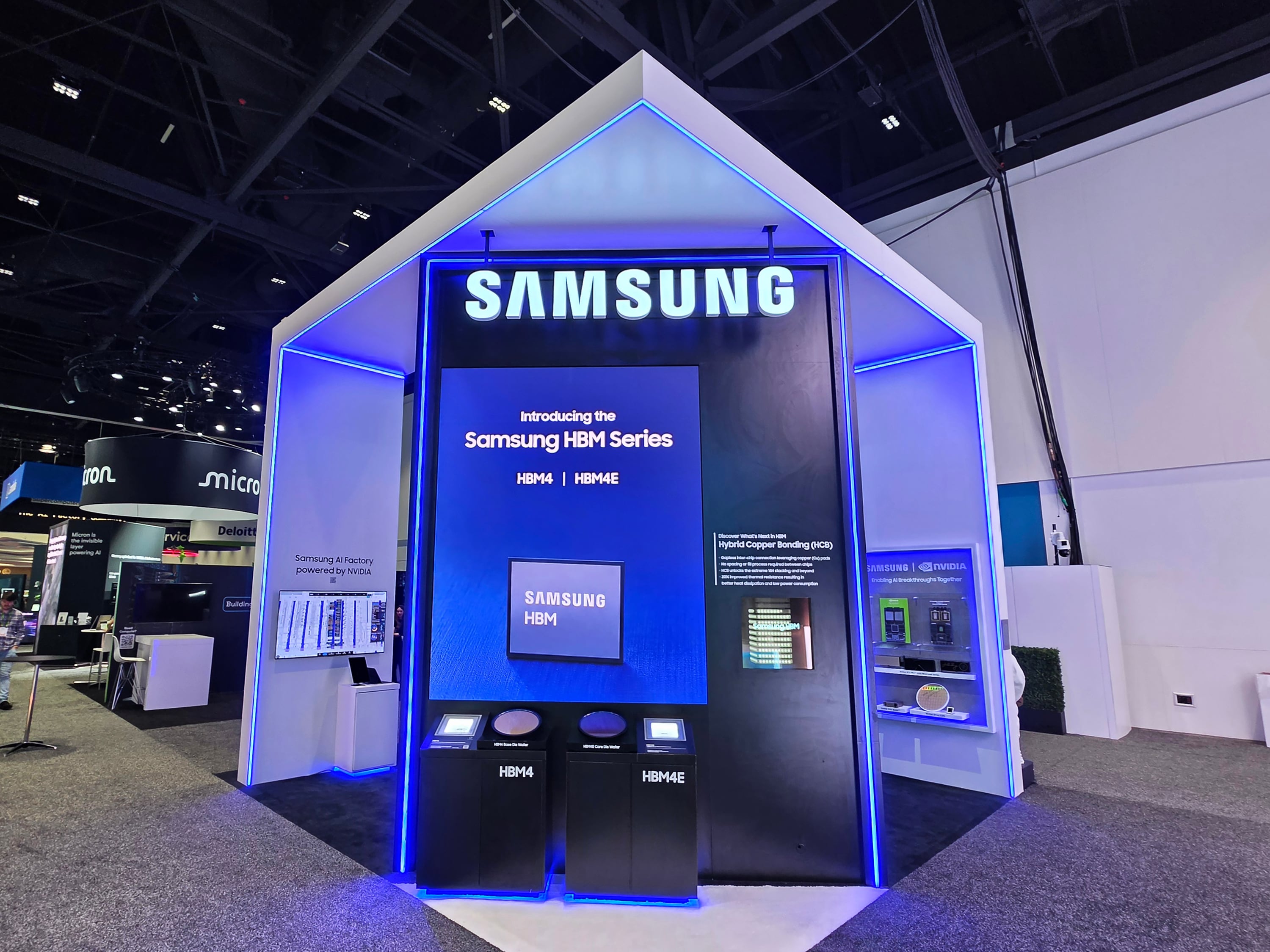 Samsung Semiconductor GTC 2025 booth featuring "The Only System Architect of HBM" display with HBM4 and HBM4E wafers, and Hybrid Copper Bonding technology presentation