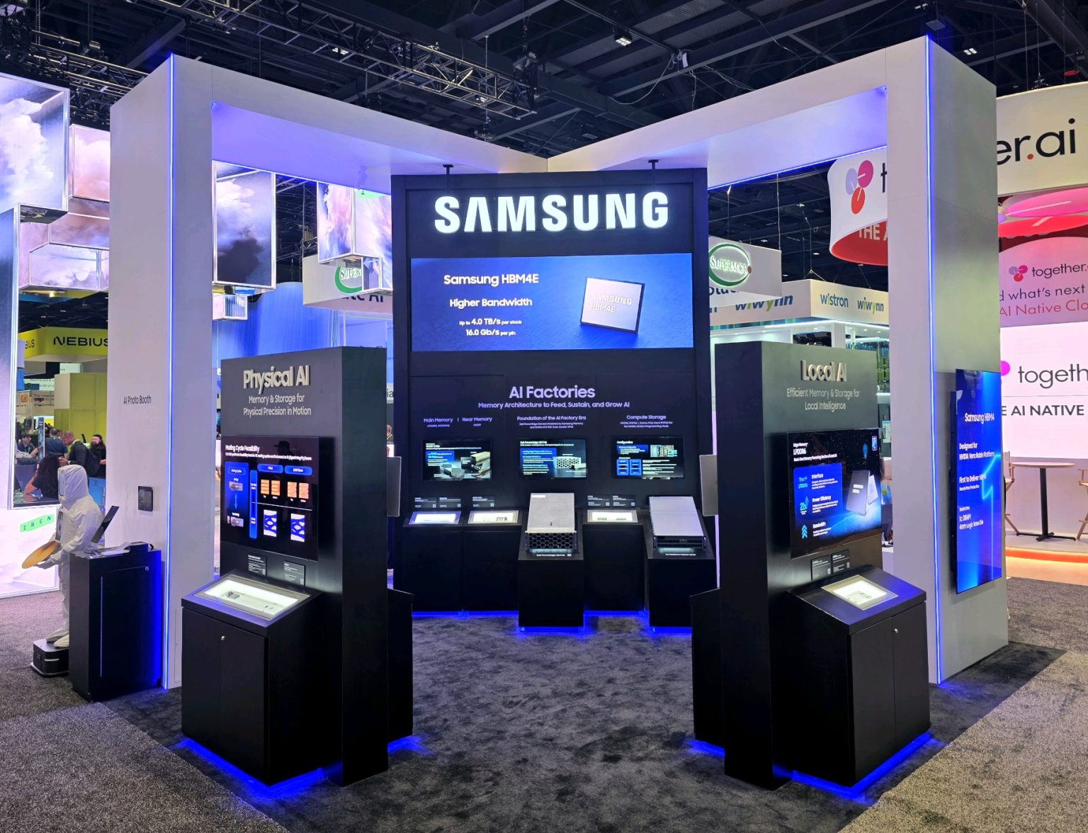 Samsung Semiconductor GTC exhibition booth showcasing HBM4 designed for NVIDIA Vera Rubin Platform, featuring world's first 1c DRAM with 4nm logic base die in mass production