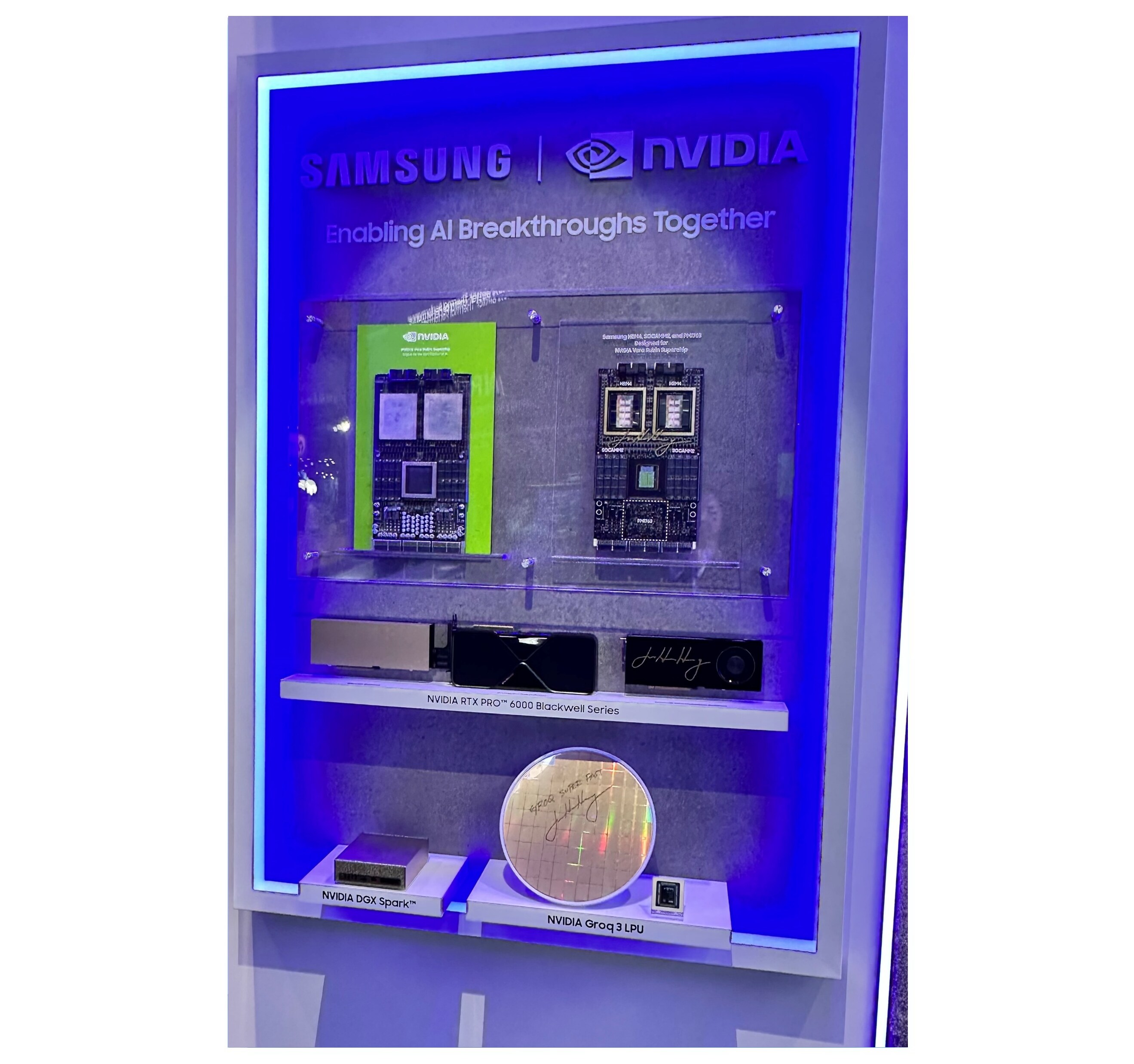 Samsung and NVIDIA joint display case at GTC 2025 — "Enabling AI Breakthroughs Together" featuring HBM4, SOCAMM, RTX PRO 6000 Blackwell Series, DGX Spark, and Groq 3 LPU