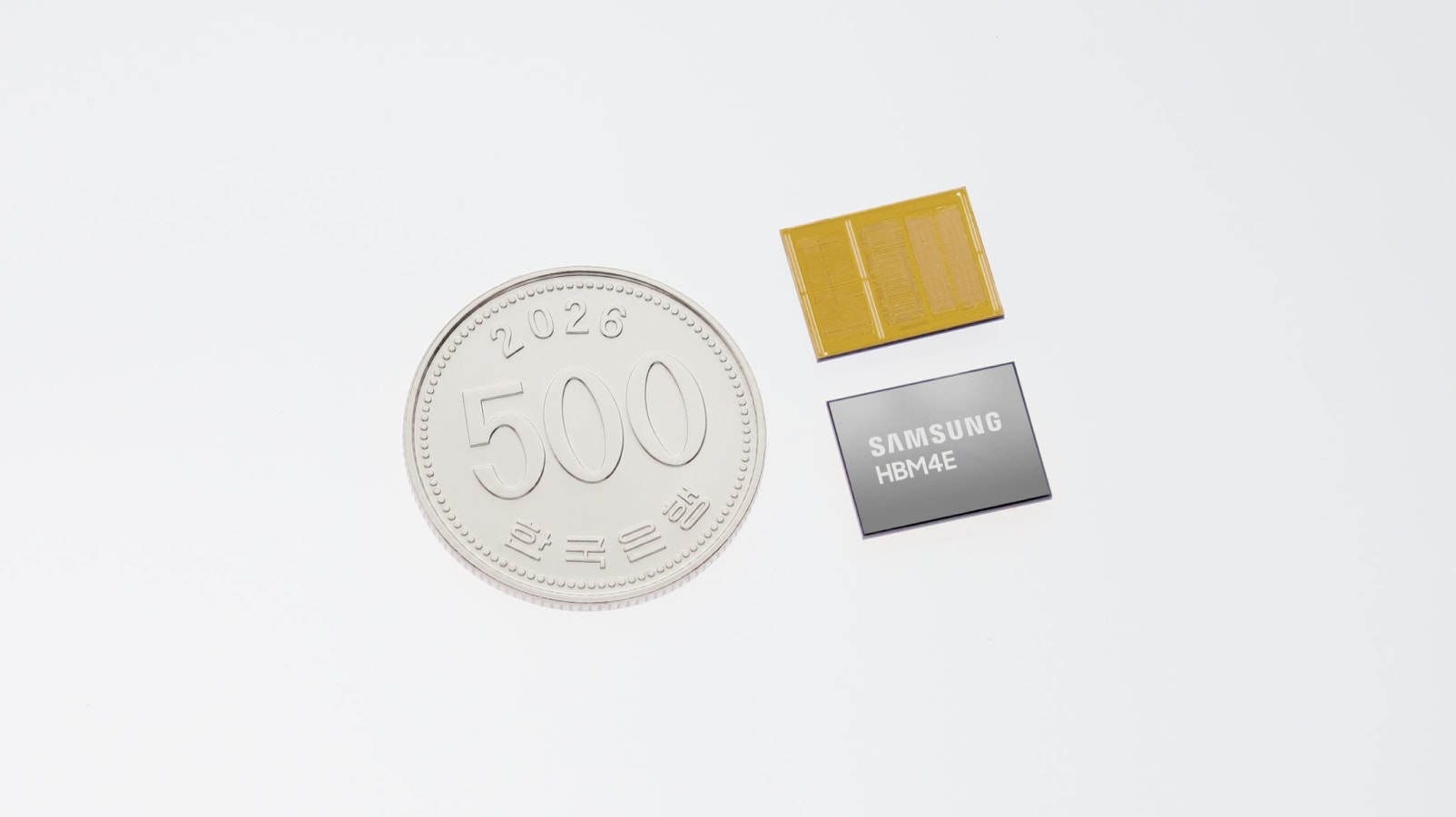 A Samsung HBM4E memory chip and a yellow circuit board placed next to a 500-won coin.