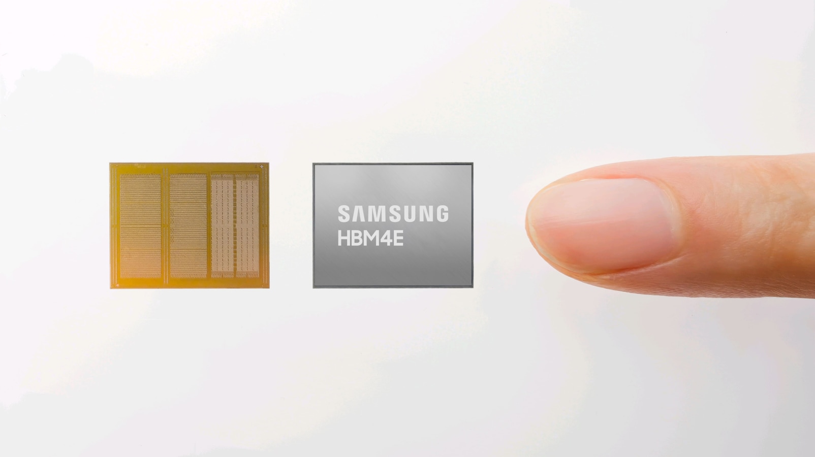 A human fingertip pointing at a Samsung HBM4E memory chip and a yellow circuit board next to it.