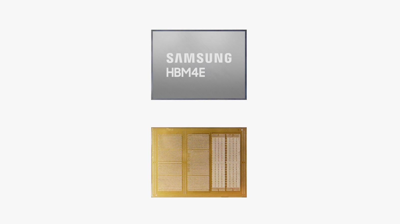 A memory chip with the text "SAMSUNG HBM4E" on top, and a yellow circuit board underneath.