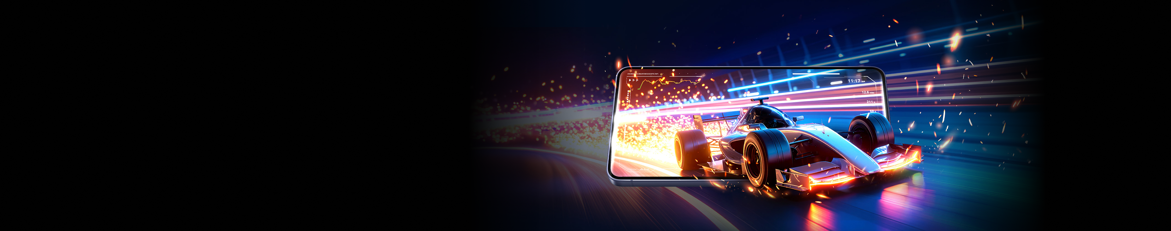 Formula-style race car speeding out of a smartphone in an AI-powered mobile racing game with realistic graphics and smooth performance.