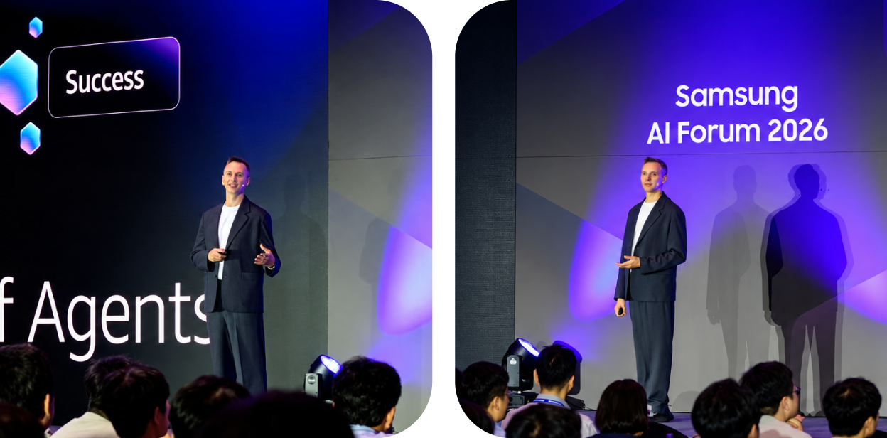 무대에서 AI 에이전트를 주제로 발표하는 David Green AI Technology Leader