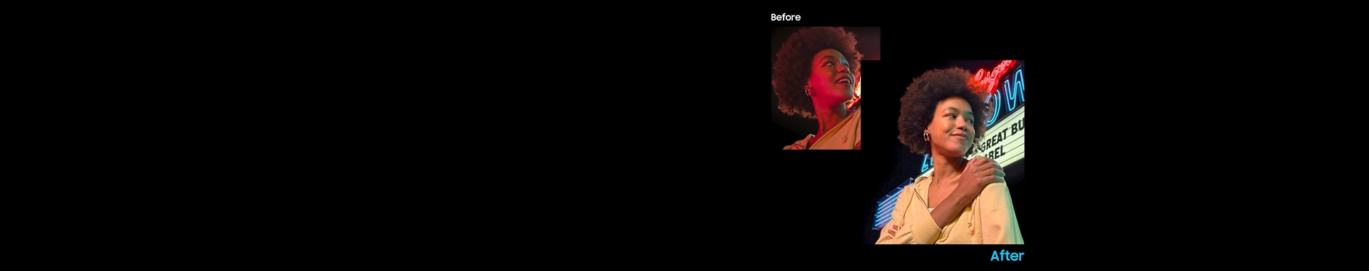 Night portrait under neon lights before and after brightness and color enhancement