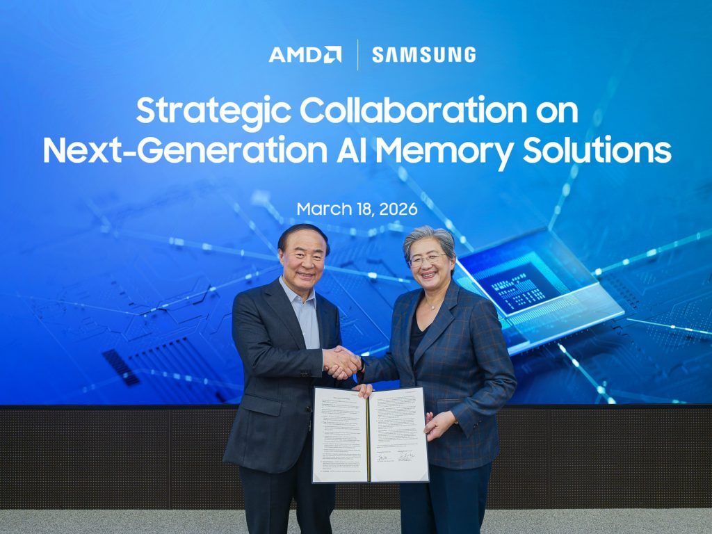 Samsung Electronics Vice Chairman & CEO Young Hyun Jun (left) and AMD Chair and CEO Dr. Lisa Su pose with the memorandum of understanding (MOU) following the ceremony at Samsung’s most advanced chip manufacturing complex in Pyeongtaek, Korea, on March 18, 2026.