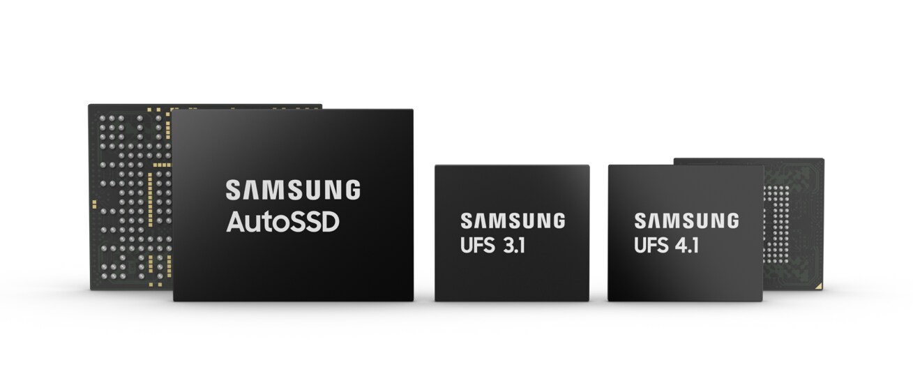 A lineup of Samsung automotive storage solutions, including the Samsung AutoSSD, UFS 3.1, and UFS 4.1 chips, displayed in front of their circuit-patterned back sides.