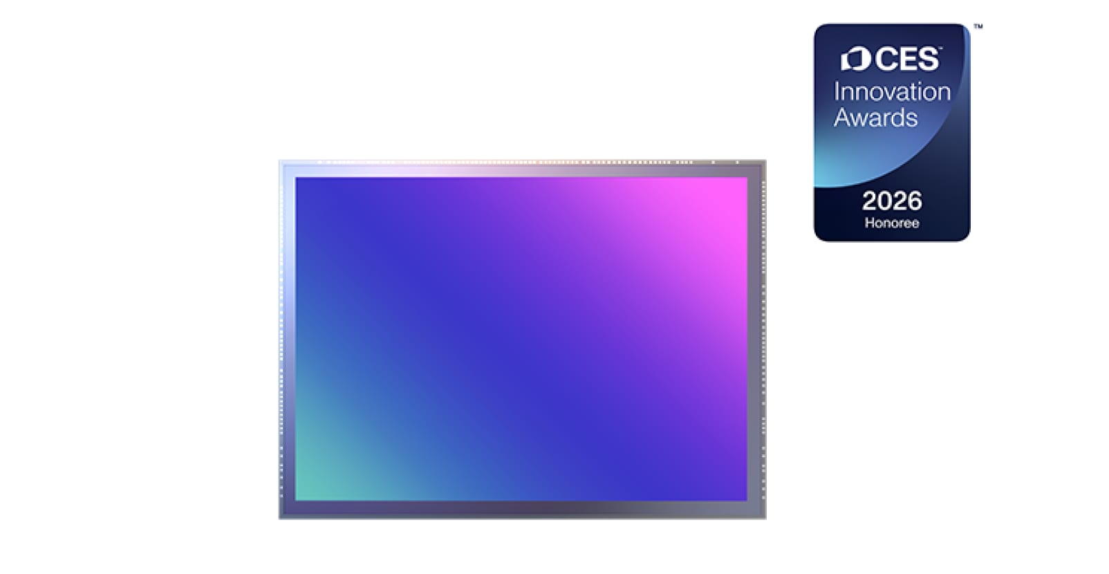 그라데이션 색상의 직사각형 디스플레이와 오른쪽에 위치한 CES 2026 혁신상 배지.