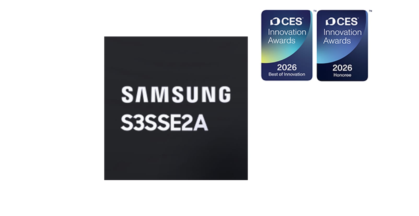 삼성전자 S3SSE2A 로고 옆에 CES 2026 최고혁신상과 혁신상 엠블럼이 나란히 배치된 그래픽