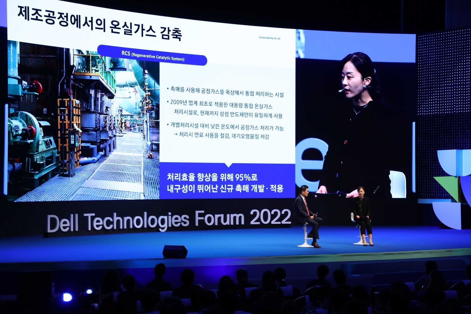 HyunJung Seo, Vice President of DS Corporate Sustainability Management at Samsung Electronics (Seo, giving her keynote speech.)