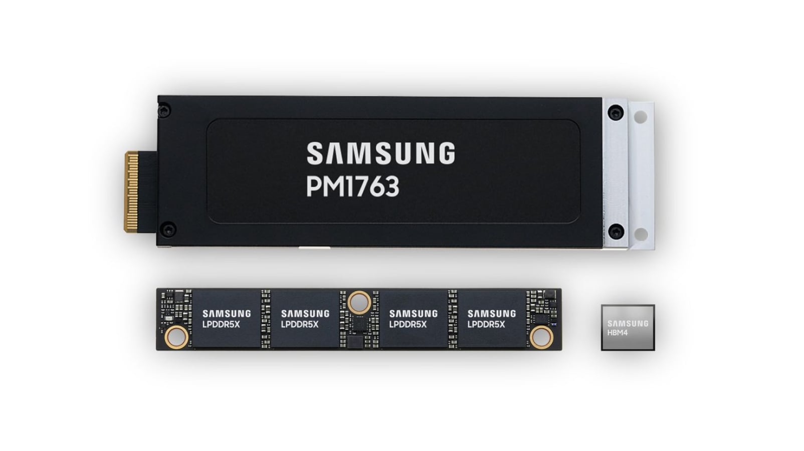 A group shot of three Samsung semiconductor products arranged together: a PM1763 enterprise SSD, an LPDDR5X memory module, and an HBM4 memory chip, showcasing a comprehensive next-generation memory and storage portfolio.