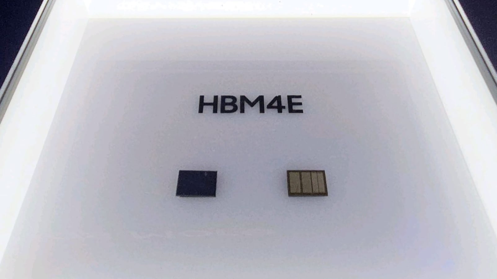 A brightly lit exhibition display case showing the text "HBM4E" above two small Samsung HBM4E memory chips, displaying both the front and back sides.