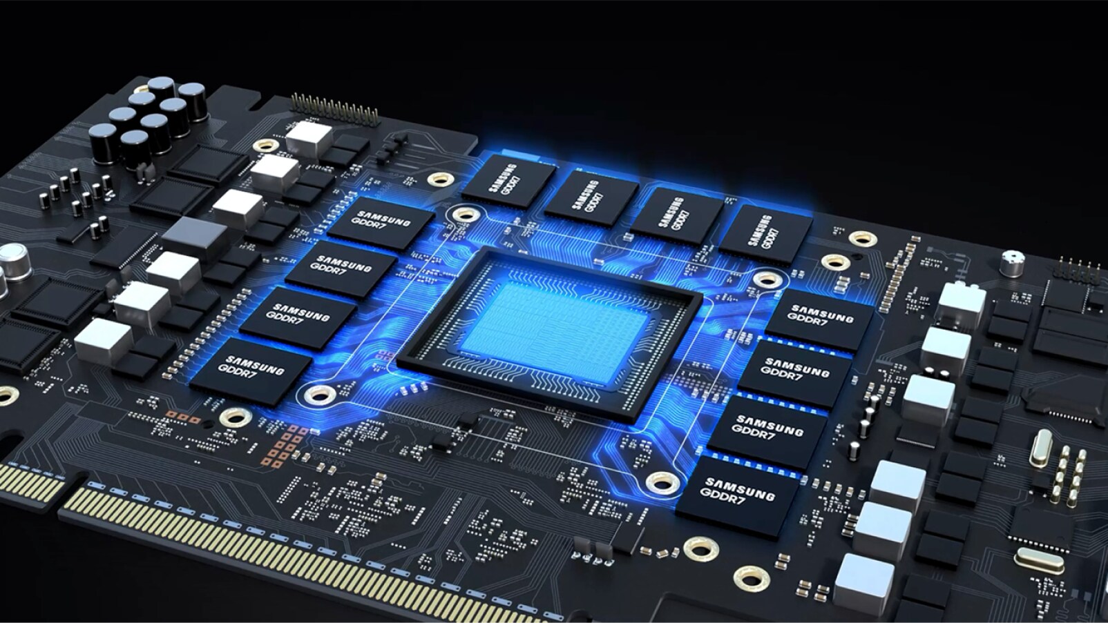 엔터프라이즈 AI 워크로드를 위한 GPU 보드에 탑재된 삼성 24Gb GDDR7 메모리 칩 구조